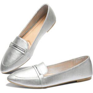 Obtaom Women's Silver Faux Leather Pointed Toe Slip On Loafer Ballet Flat Shoes